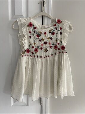 Zara White Swiss Dot Dress Top with Pink Floral Embroidery